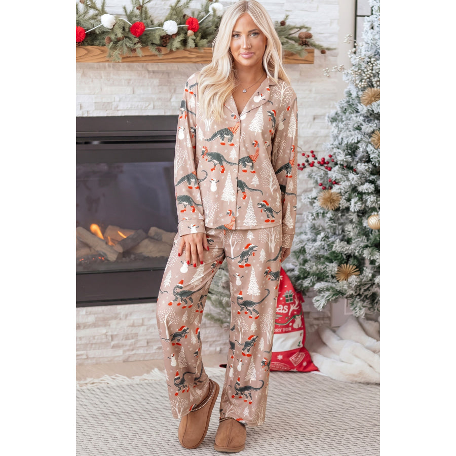 Brown Abstract Print Long Sleeve Two Piece Lounge Set Loungewear & Sleepwear/Loungewear