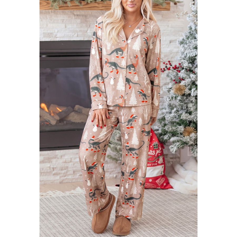 Brown Abstract Print Long Sleeve Two Piece Lounge Set / S / 95% Polyester + 5% Elastane Loungewear & Sleepwear/Loungewear