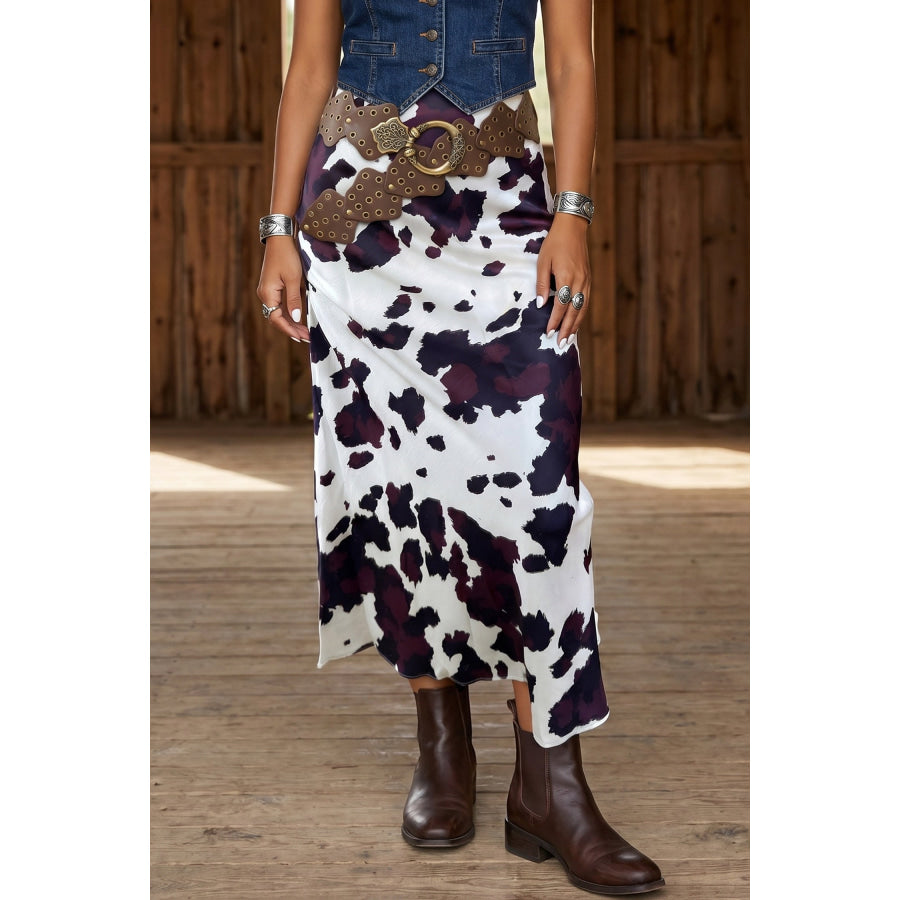 Brown Abstract Print Western Long Metal Zip-Up Waist Daily Wear Skirt Brown / S / 97% Polyester + 3% Elastane Bottoms/Skirts & Petticoat