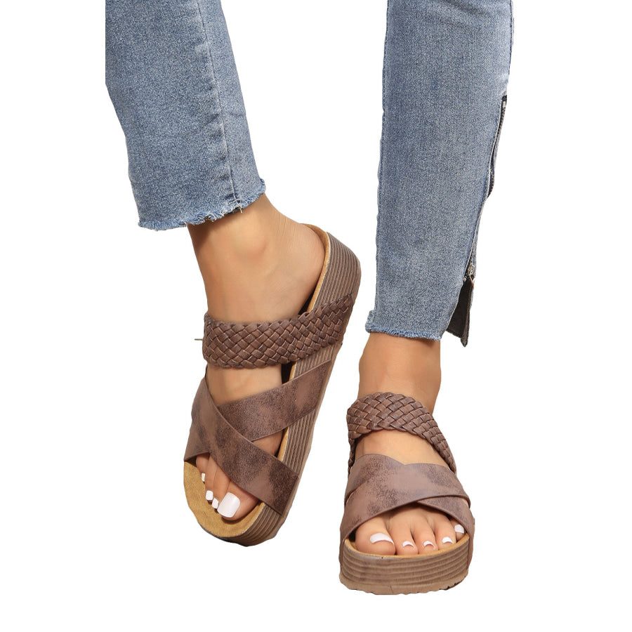 Brown Braided Detail Criss Cross Platform Slippers Shoes &amp; Bags/Slippers