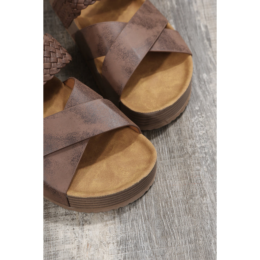 Brown Braided Detail Criss Cross Platform Slippers Shoes &amp; Bags/Slippers