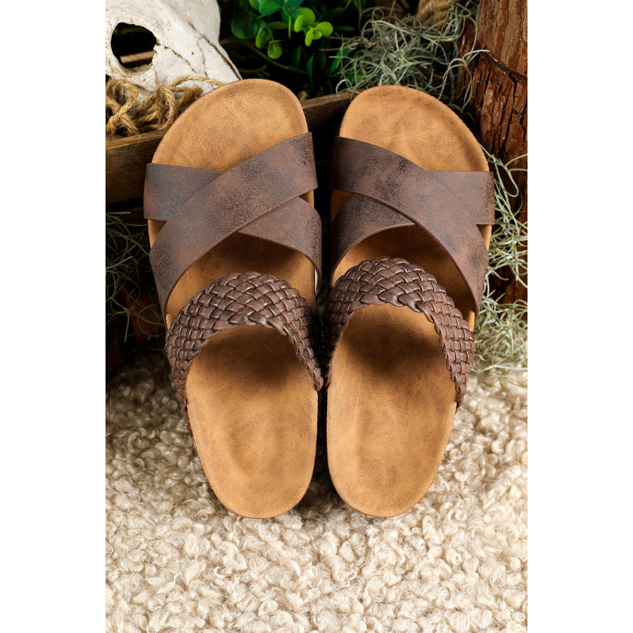 Brown Braided Detail Criss Cross Platform Slippers Shoes &amp; Bags/Slippers