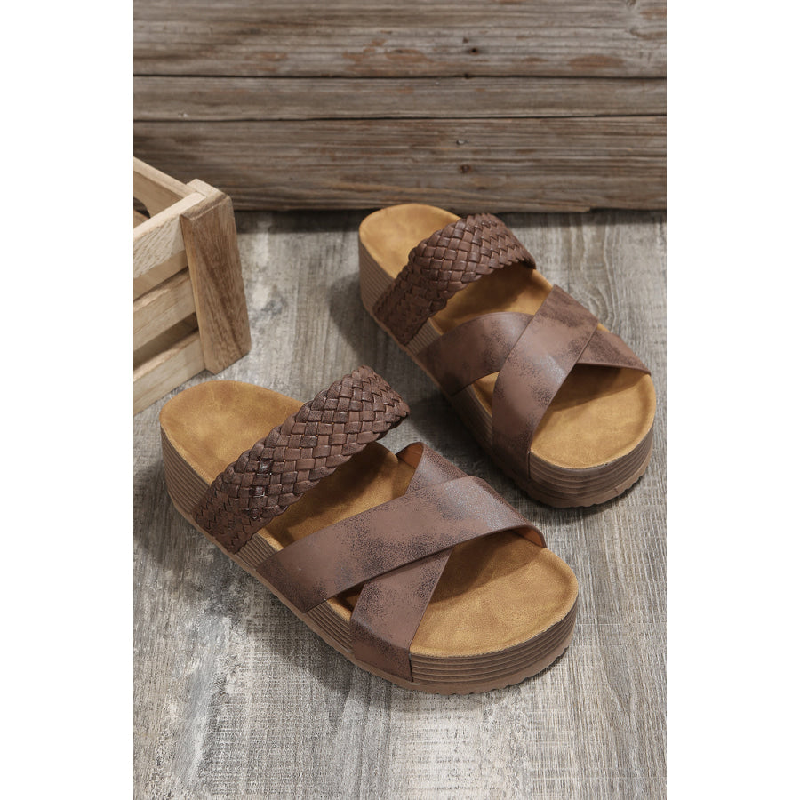 Brown Braided Detail Criss Cross Platform Slippers Shoes &amp; Bags/Slippers