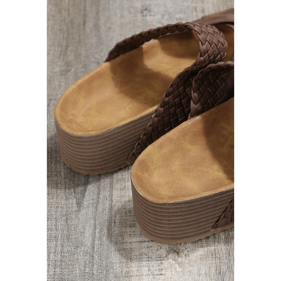 Brown Braided Detail Criss Cross Platform Slippers Shoes &amp; Bags/Slippers