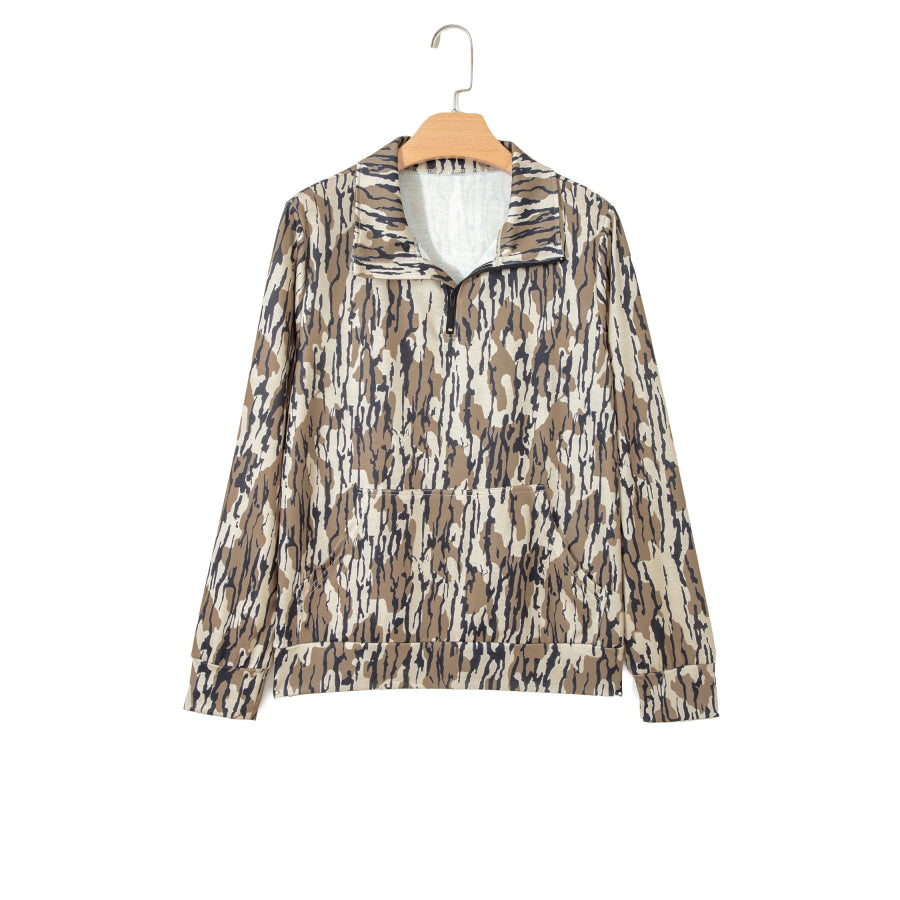 Brown Camouflage Zipper Collar Front Pocket Pullover Sweatshirt Tops/Sweatshirts & Hoodies