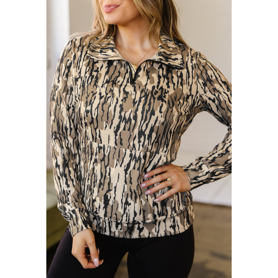 Brown Camouflage Zipper Collar Front Pocket Pullover Sweatshirt Tops/Sweatshirts & Hoodies
