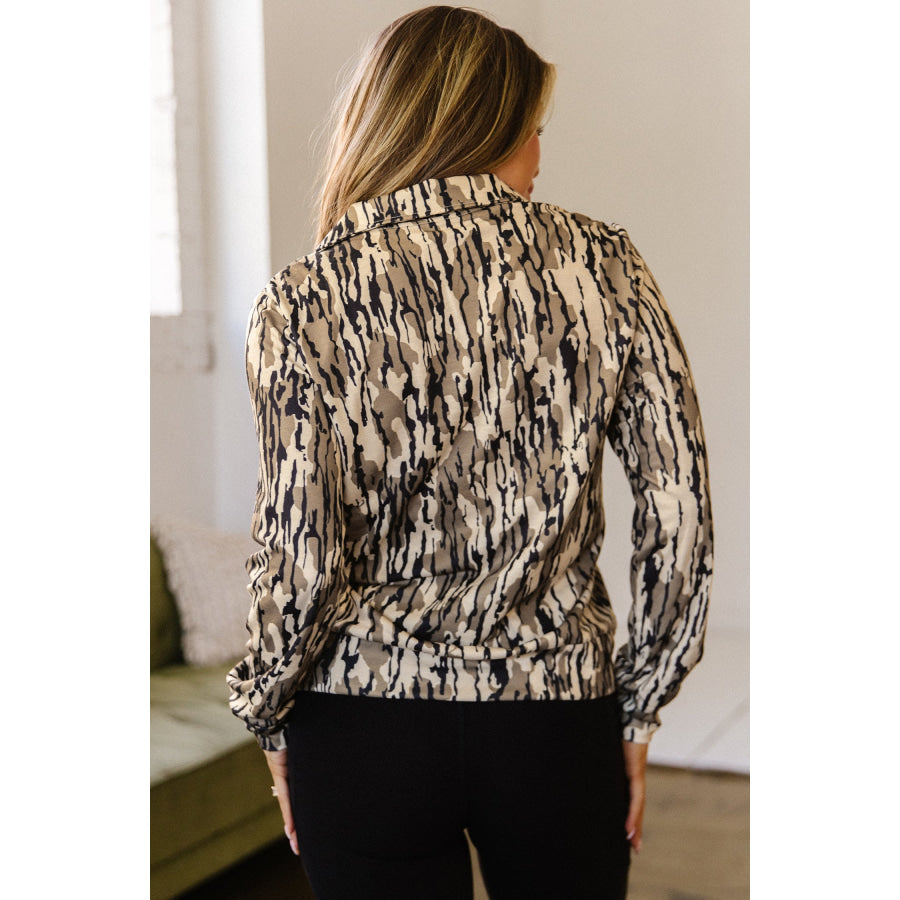 Brown Camouflage Zipper Collar Front Pocket Pullover Sweatshirt Tops/Sweatshirts & Hoodies