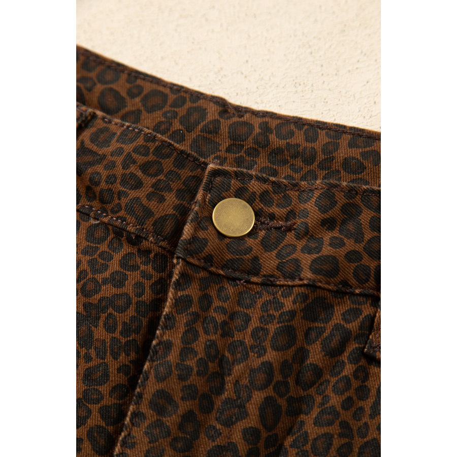 Brown Casual Leopard Print Full-Length Regular Fit Jeans Bottoms/Jeans