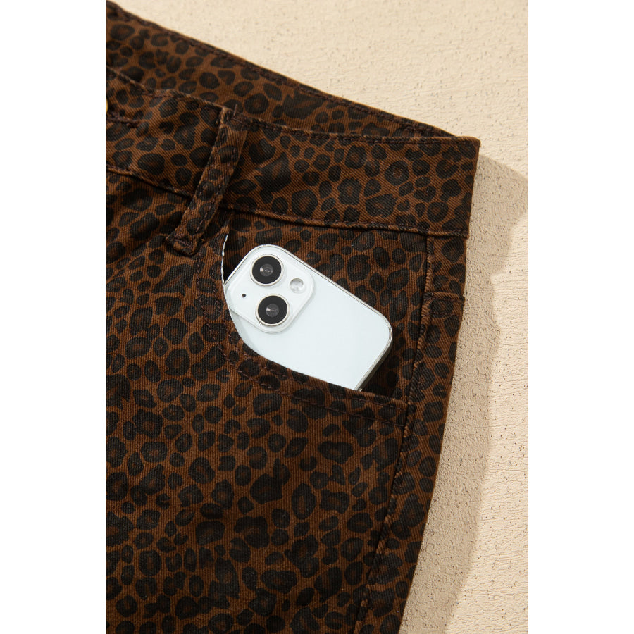 Brown Casual Leopard Print Full-Length Regular Fit Jeans Bottoms/Jeans