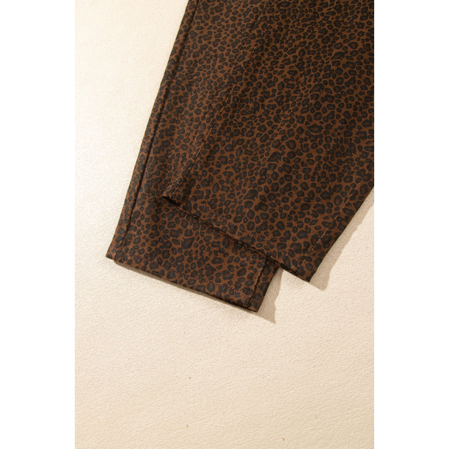 Brown Casual Leopard Print Full-Length Regular Fit Jeans Bottoms/Jeans