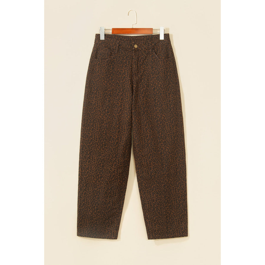 Brown Casual Leopard Print Full-Length Regular Fit Jeans Bottoms/Jeans
