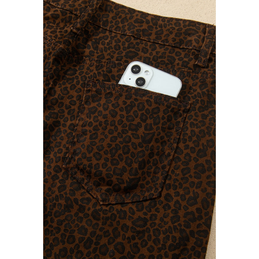 Brown Casual Leopard Print Full-Length Regular Fit Jeans Bottoms/Jeans