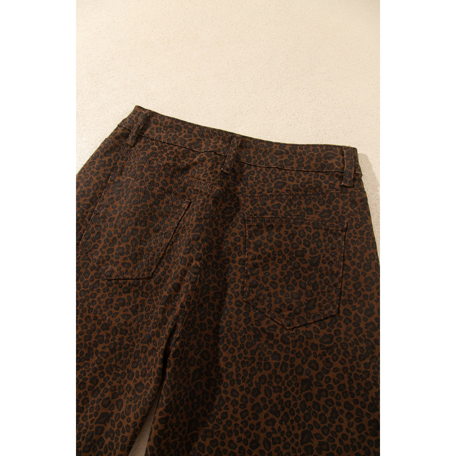 Brown Casual Leopard Print Full-Length Regular Fit Jeans Bottoms/Jeans