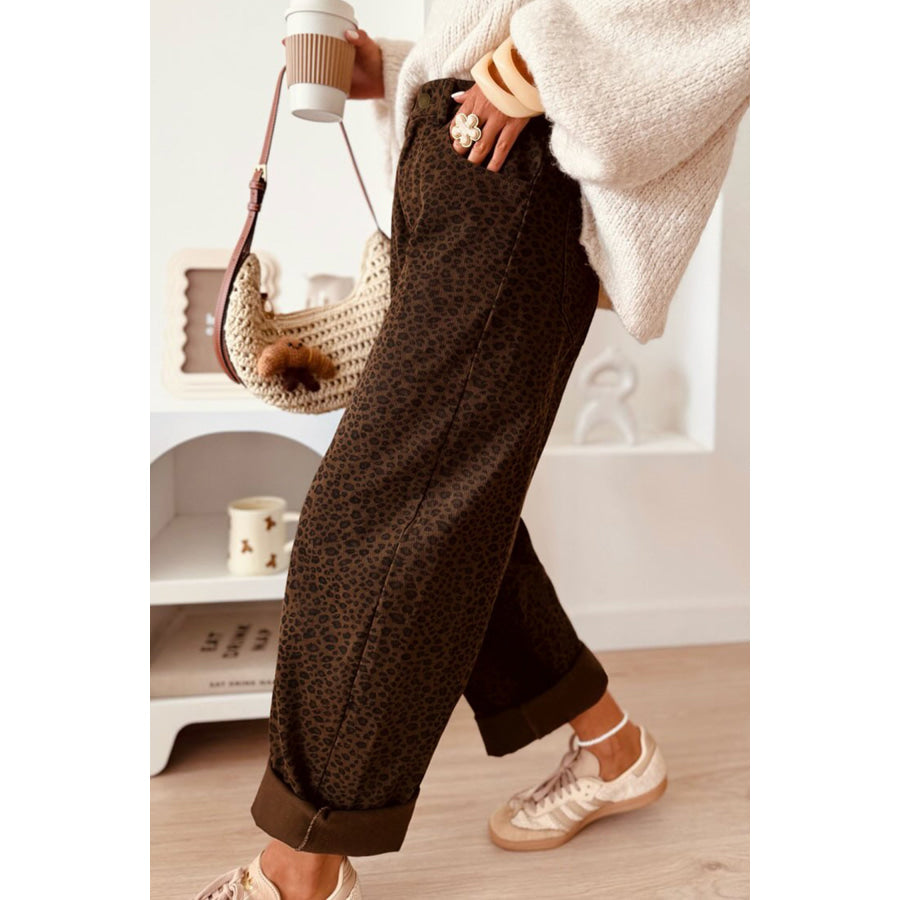 Brown Casual Leopard Print Full-Length Regular Fit Jeans Bottoms/Jeans