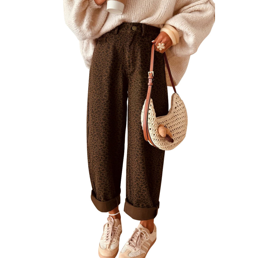 Brown Casual Leopard Print Full-Length Regular Fit Jeans Bottoms/Jeans