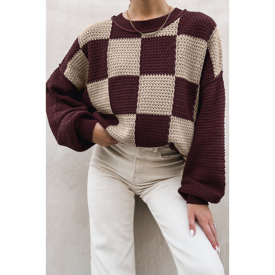Brown Checkered Pattern Knit Loose Pullover Sweater Brown / S Sweaters & Cardigans/Sweaters