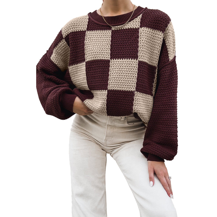 Brown Checkered Pattern Knit Loose Pullover Sweater Sweaters & Cardigans/Sweaters