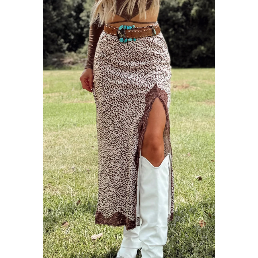 Brown Cheetah Print Trim Split Long Western Skirt Bottoms/Skirts & Petticoat