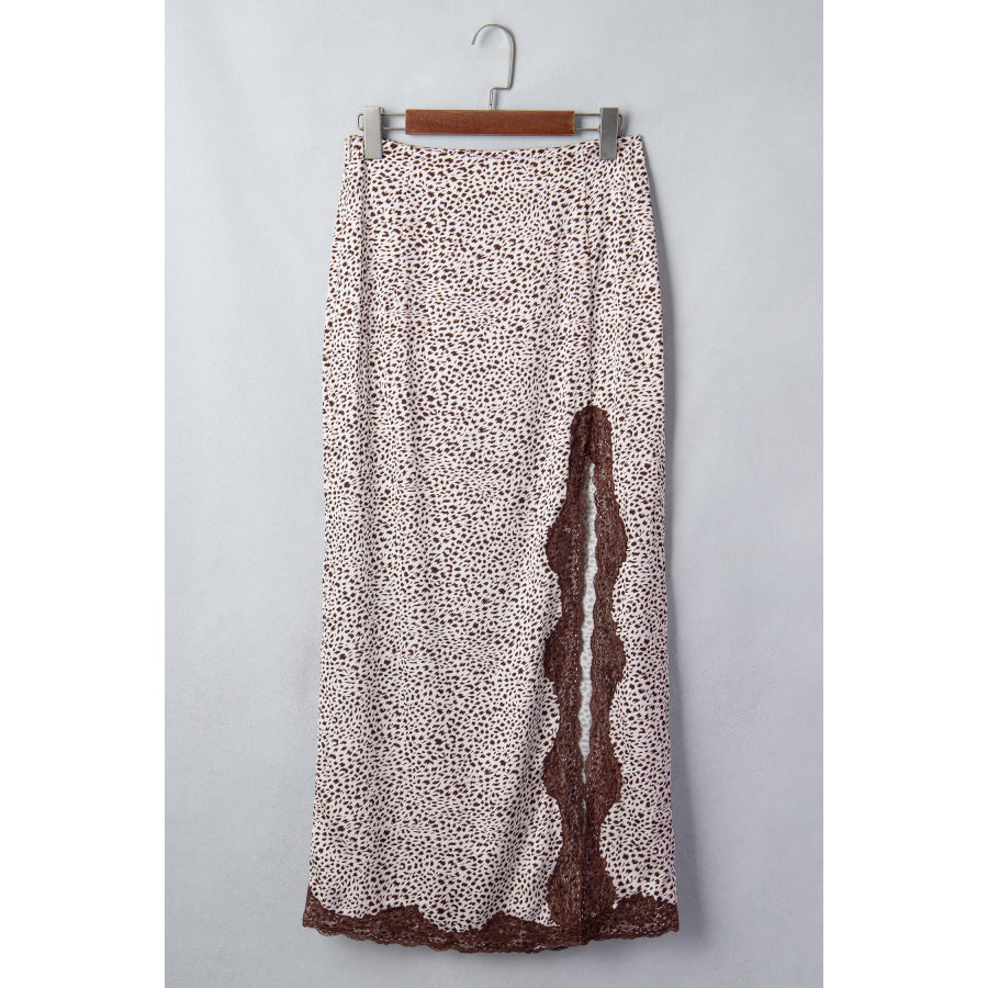 Brown Cheetah Print Trim Split Long Western Skirt Bottoms/Skirts & Petticoat