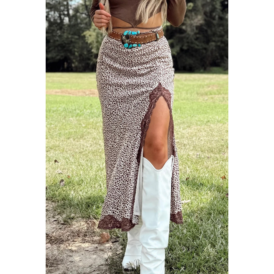 Brown Cheetah Print Trim Split Long Western Skirt Bottoms/Skirts & Petticoat