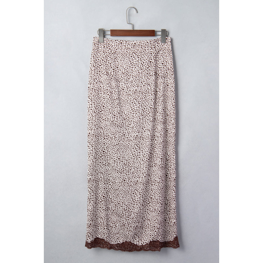 Brown Cheetah Print Trim Split Long Western Skirt Bottoms/Skirts & Petticoat