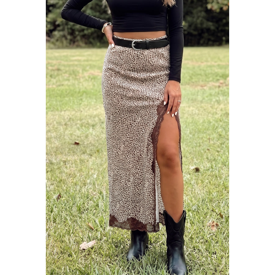 Brown Cheetah Print Trim Split Long Western Skirt Brown / S / 97% Polyester + 3% Elastane Bottoms/Skirts & Petticoat