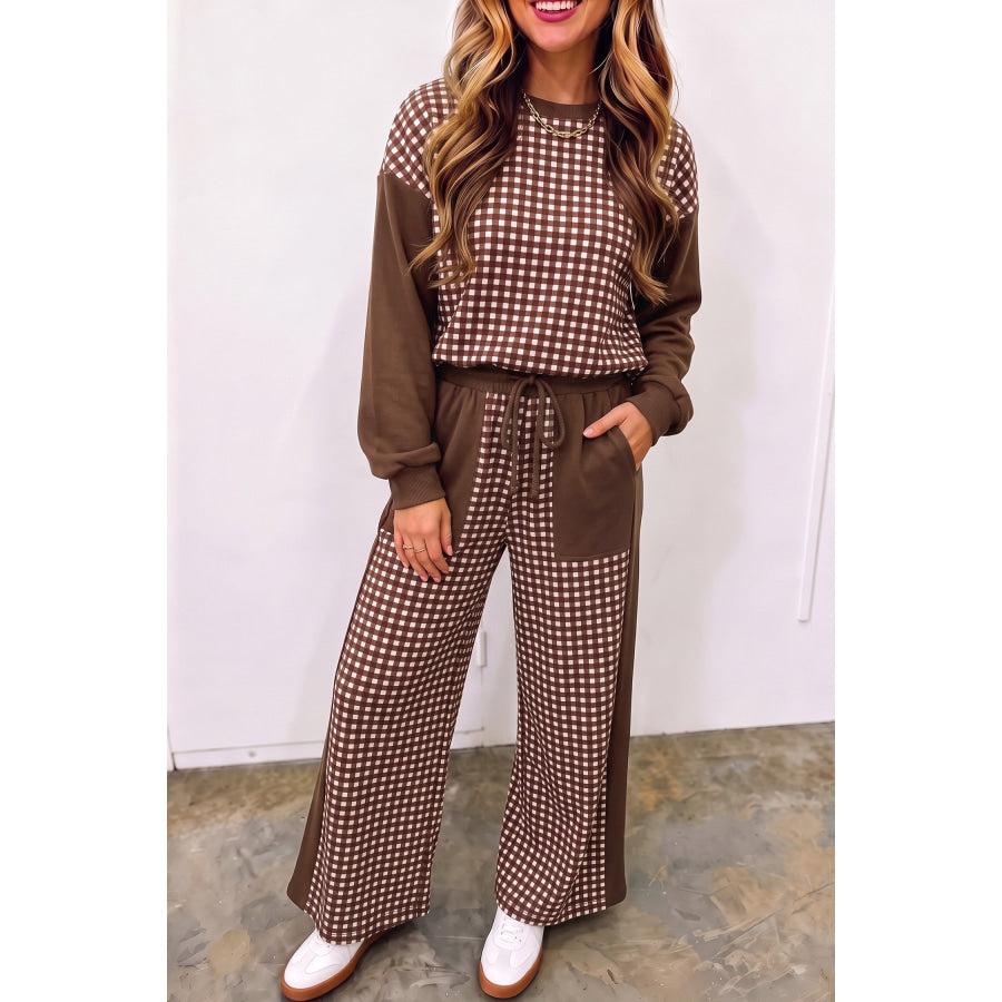 Brown Color Block Plaid Patchwork Long Sleeve Pullover Wide Leg Pant Set Two Piece Sets/Pant Sets