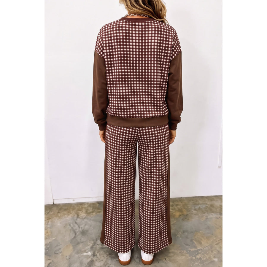 Brown Color Block Plaid Patchwork Long Sleeve Pullover Wide Leg Pant Set Two Piece Sets/Pant Sets