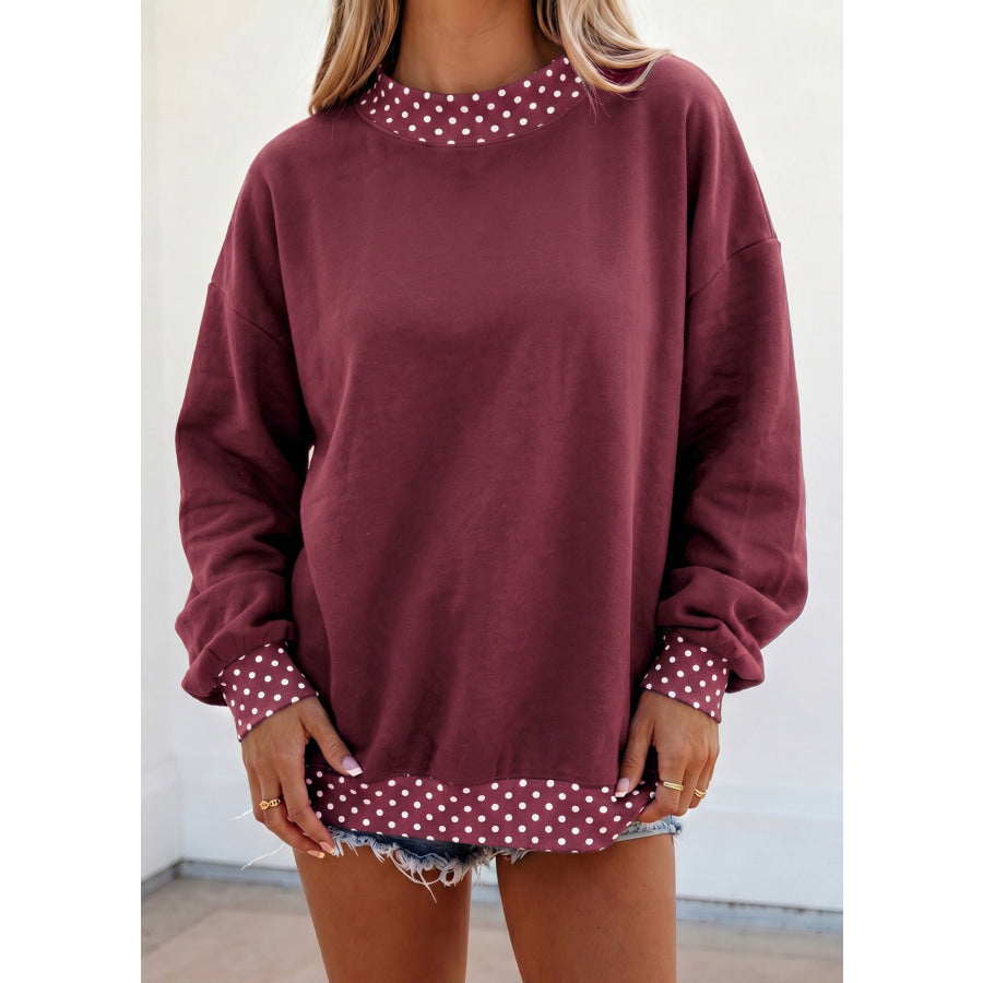 Brown Colorblock Polka Dot Contrast Trim Oversized Sweatshirt Burgundy / S / 50% Polyester + 50% Cotton Tops/Sweatshirts & Hoodies