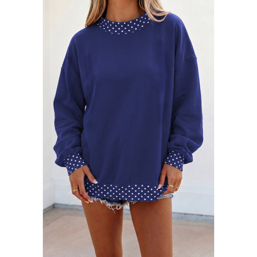 Brown Colorblock Polka Dot Contrast Trim Oversized Sweatshirt Dark Blue / S / 50% Polyester + 50% Cotton Tops/Sweatshirts & Hoodies