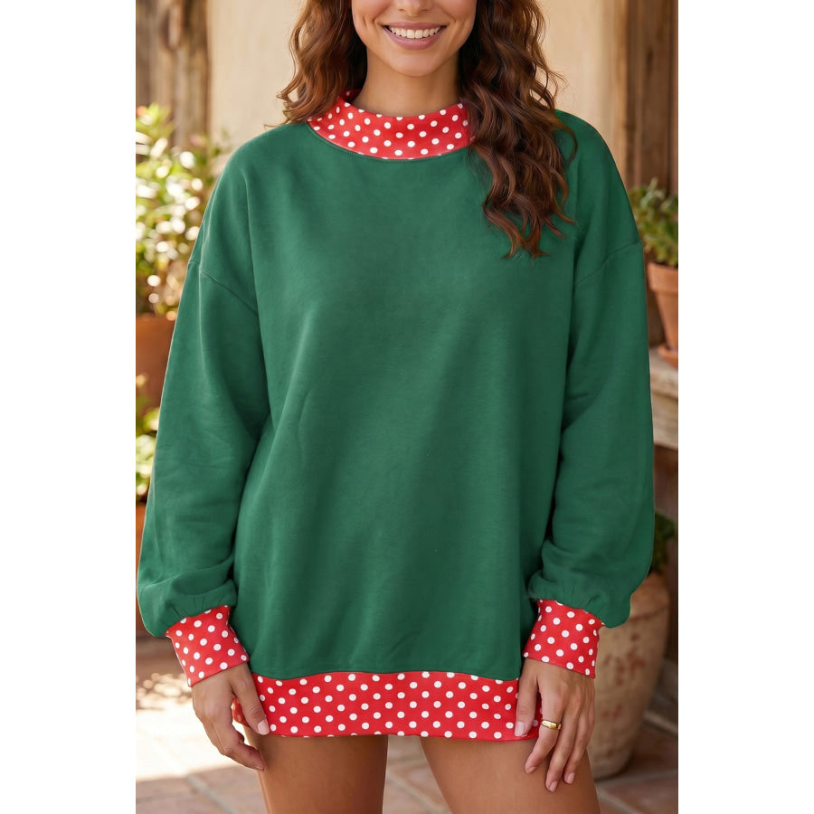 Brown Colorblock Polka Dot Contrast Trim Oversized Sweatshirt Dark Green / S / 50% Polyester + 50% Cotton Tops/Sweatshirts & Hoodies