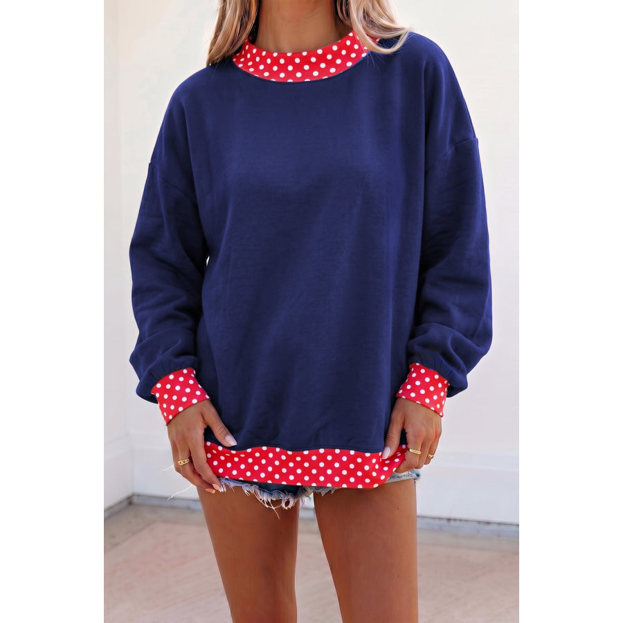 Brown Colorblock Polka Dot Contrast Trim Oversized Sweatshirt Dirty blue / S / 50% Polyester + 50% Cotton Tops/Sweatshirts & Hoodies