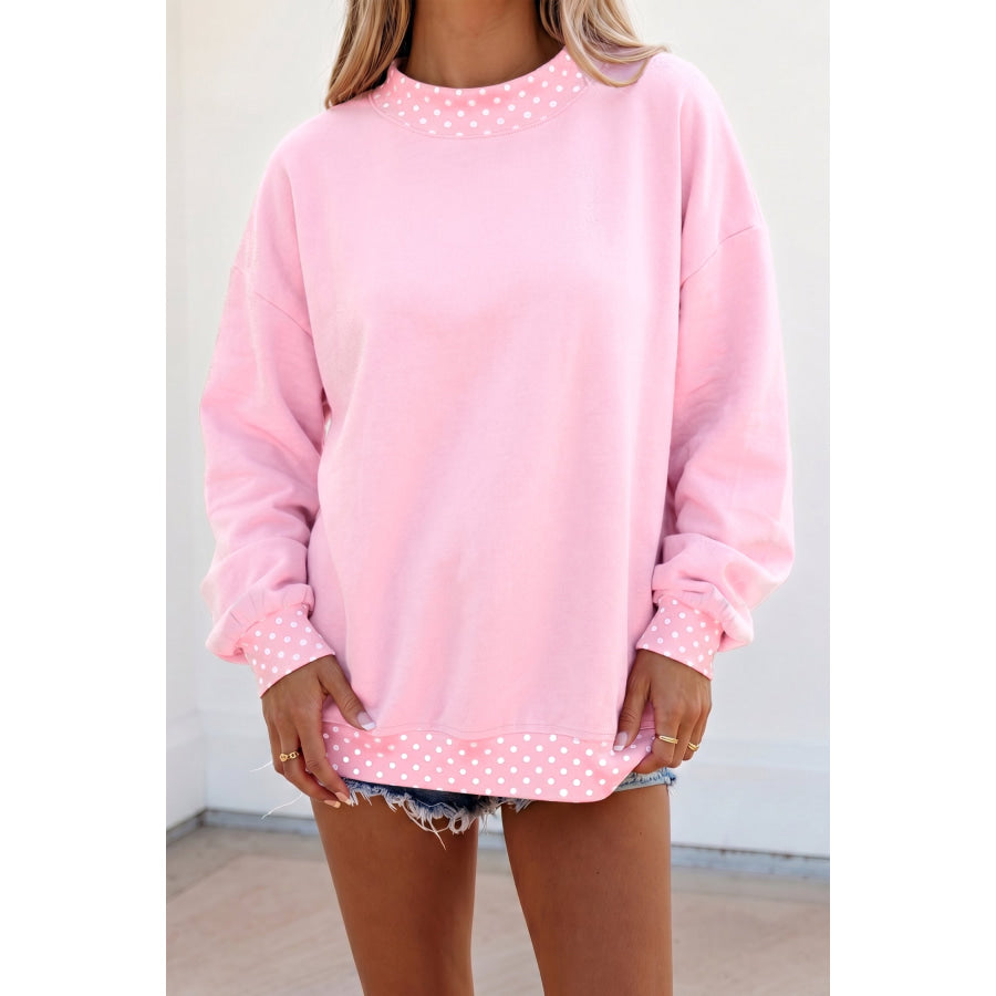 Brown Colorblock Polka Dot Contrast Trim Oversized Sweatshirt Pink / S / 50% Polyester + 50% Cotton Tops/Sweatshirts & Hoodies