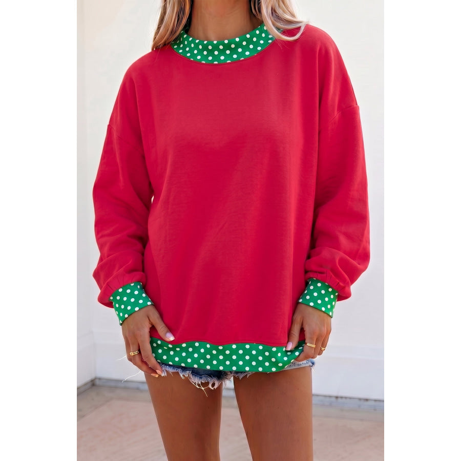 Brown Colorblock Polka Dot Contrast Trim Oversized Sweatshirt Racing Red / S / 50% Polyester + 50% Cotton Tops/Sweatshirts & Hoodies