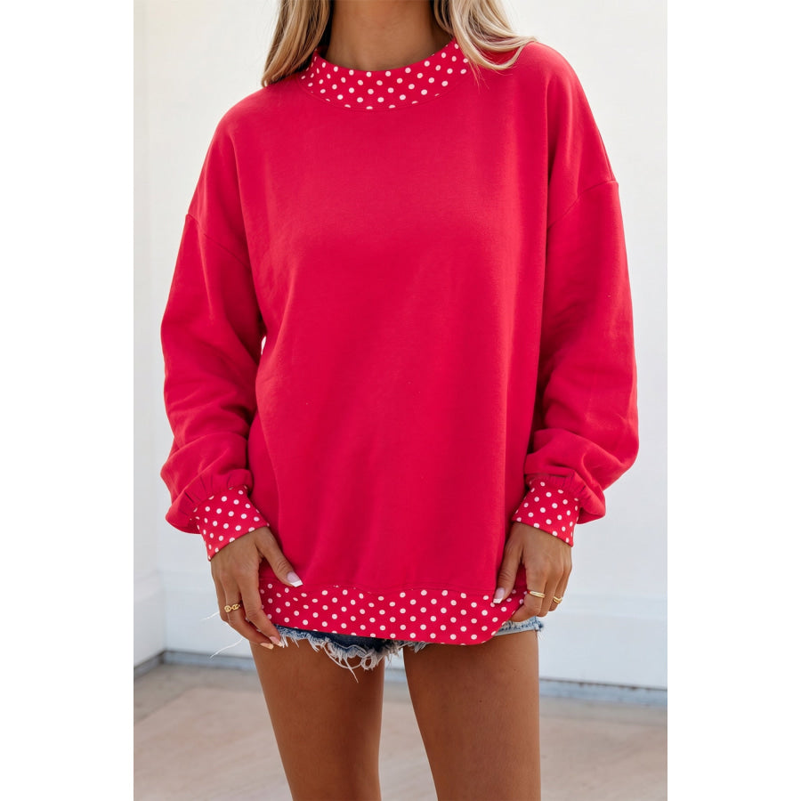 Brown Colorblock Polka Dot Contrast Trim Oversized Sweatshirt Red / S / 50% Polyester + 50% Cotton Tops/Sweatshirts & Hoodies