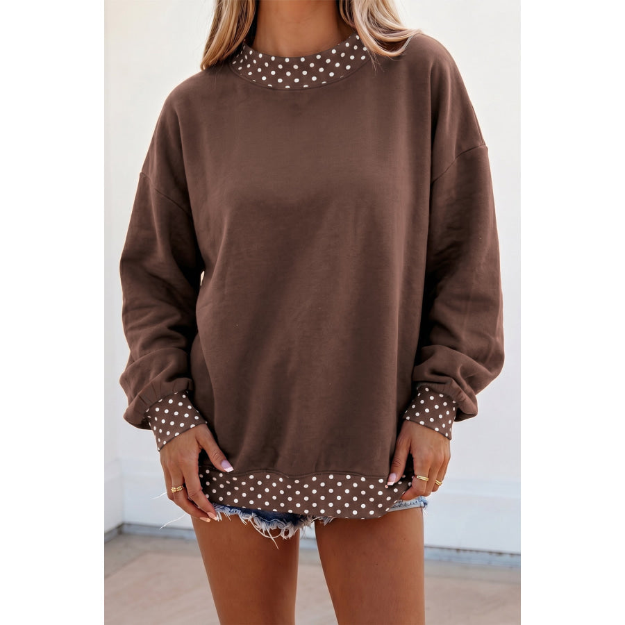 Brown Colorblock Polka Dot Contrast Trim Oversized Sweatshirt Brown / S / 50% Polyester + 50% Cotton Tops/Sweatshirts & Hoodies