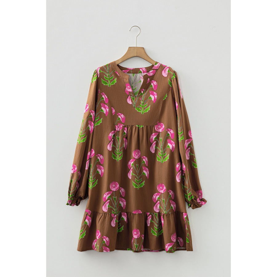 Brown Contrast Floral Print Babydoll Tunic Ruffled Hem Puff Sleeve Dress Dresses/Floral Dresses