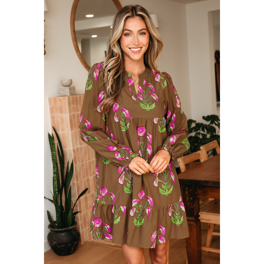 Brown Contrast Floral Print Babydoll Tunic Ruffled Hem Puff Sleeve Dress Brown / S / 55% Cotton + 45% Viscose Dresses/Floral Dresses