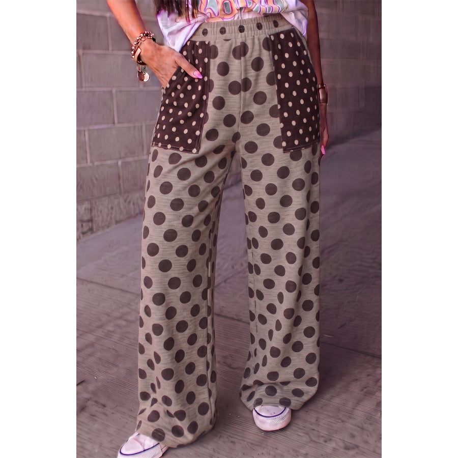 Brown Contrast Polka Dot Patch Pocket Elastic Waist Shift Pants / S / 95% Polyester + 5% Elastane Bottoms/Pants & Culotte
