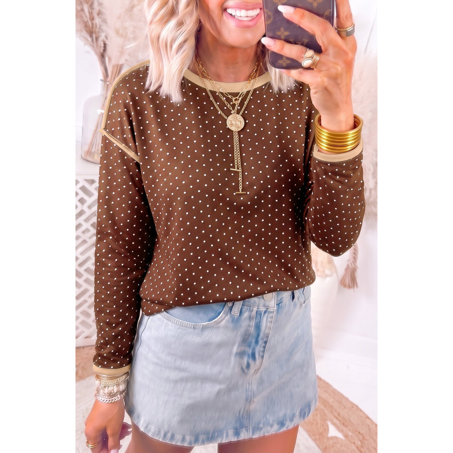 Brown Contrast Trim Long Sleeve Polka Dot Shift Pullover Top / S Tops/Long Tops
