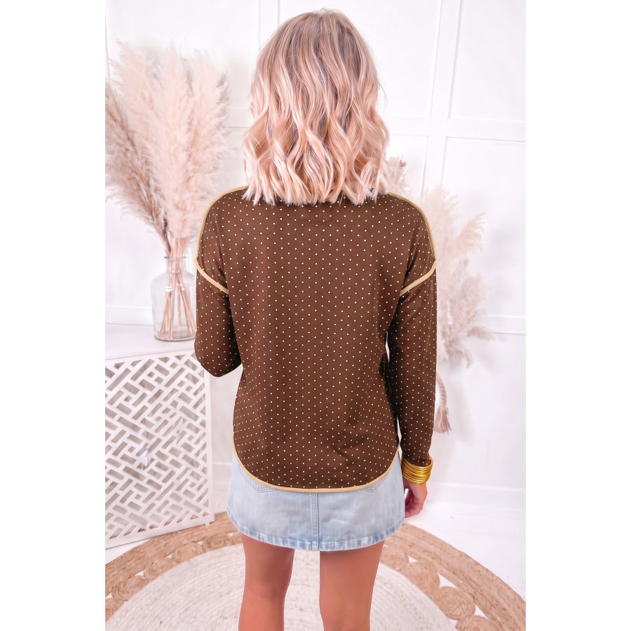 Brown Contrast Trim Long Sleeve Polka Dot Shift Pullover Top Tops/Long Tops