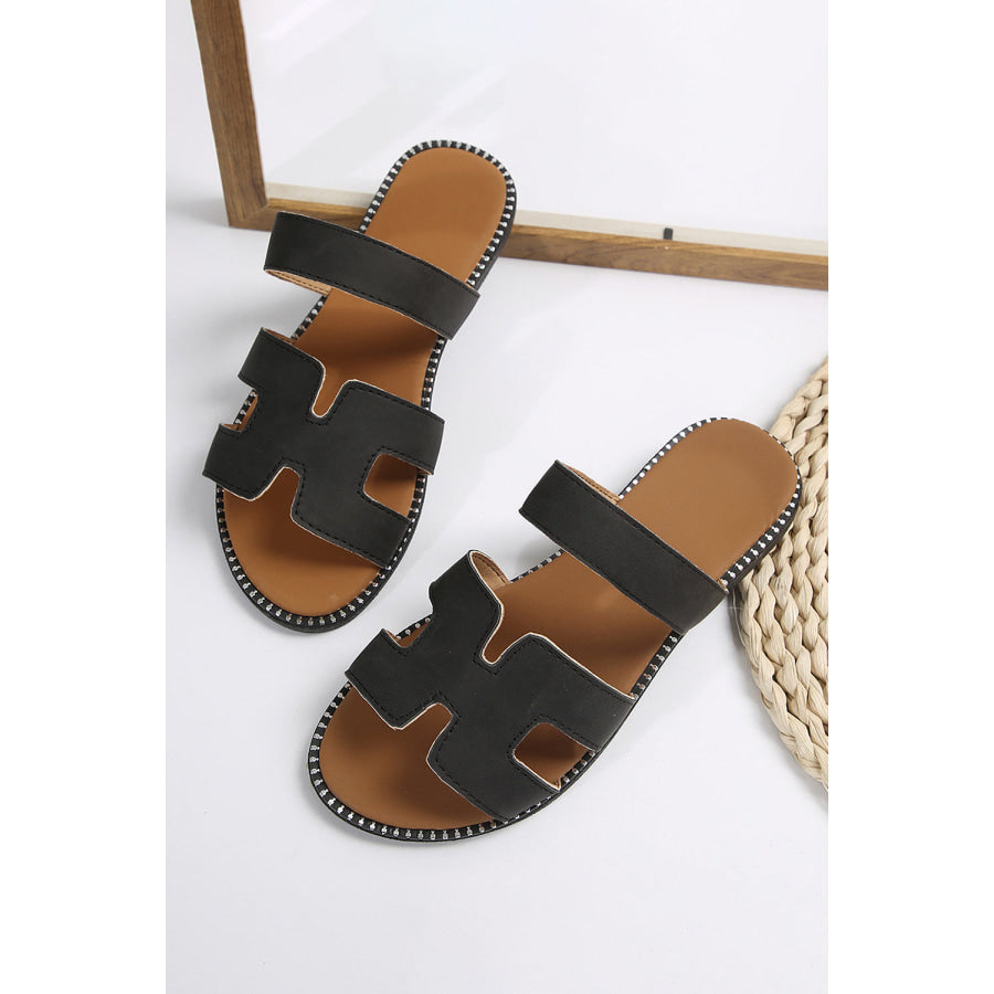 Brown Cut Out H Shape Band PU Leather Slippers Shoes & Bags/Slippers