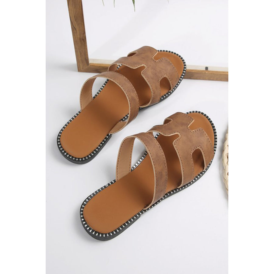 Brown Cut Out H Shape Band PU Leather Slippers Shoes & Bags/Slippers