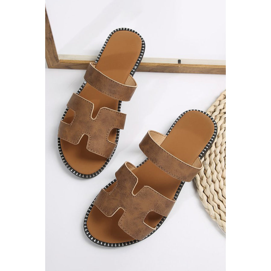Brown Cut Out H Shape Band PU Leather Slippers Shoes & Bags/Slippers