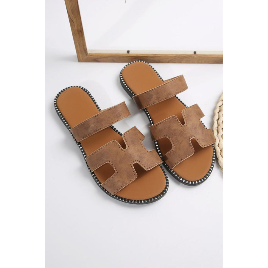 Brown Cut Out H Shape Band PU Leather Slippers Shoes & Bags/Slippers