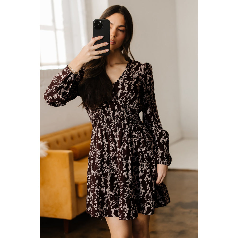 Brown Ditsy Floral Print Split Neck Long Sleeve Shirred Waist Flared Mini Dress Dresses/Mini Dresses