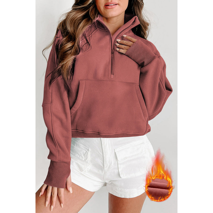 Brown Fleece Lined Zip Up Stand Collar Thumbhole Sleeve Sweatshirt Brown / S / 50% Polyester + 50% Cotton Tops/Sweatshirts & Hoodies