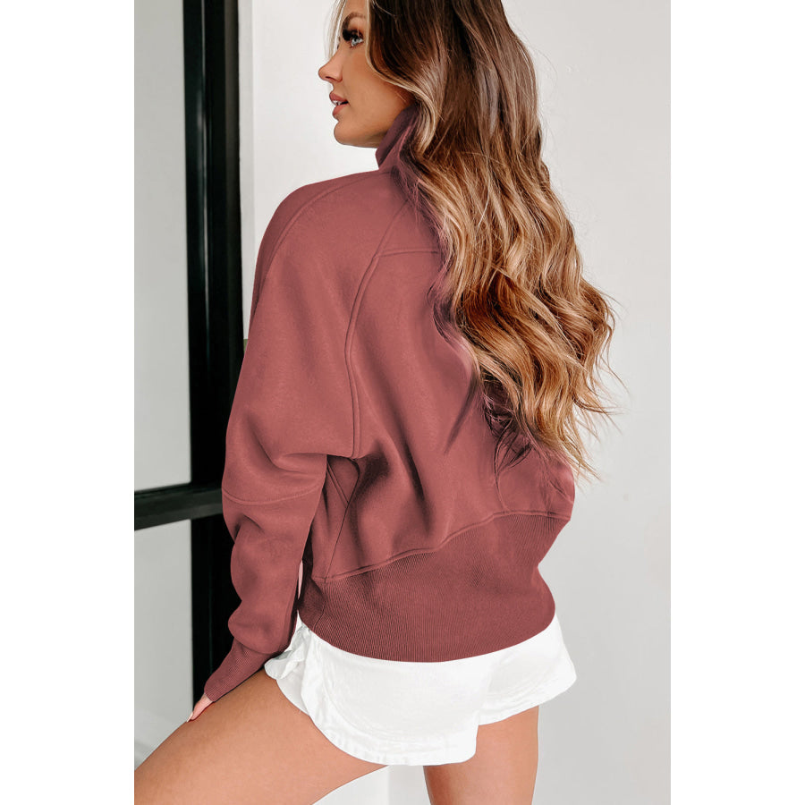 Brown Fleece Lined Zip Up Stand Collar Thumbhole Sleeve Sweatshirt Brown / S / 50% Polyester + 50% Cotton Tops/Sweatshirts & Hoodies