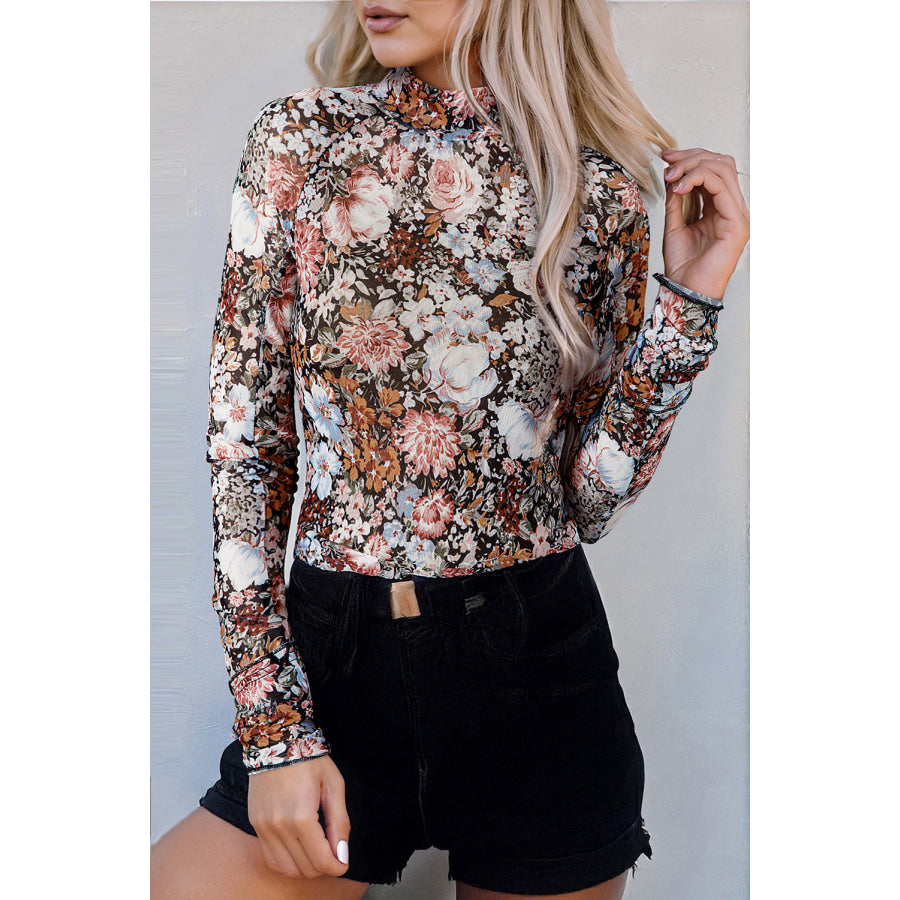 Brown Floral Long Sleeve High Neck Sheath Mesh Blouse Tops/Blouses & Shirts