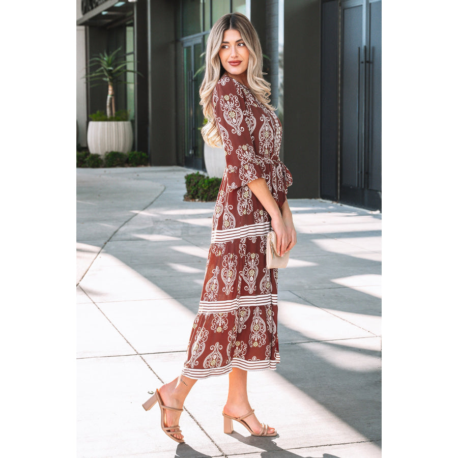 Brown Floral Print Belted Striped Trim Tiered Maxi Dress Dresses/Maxi Dresses